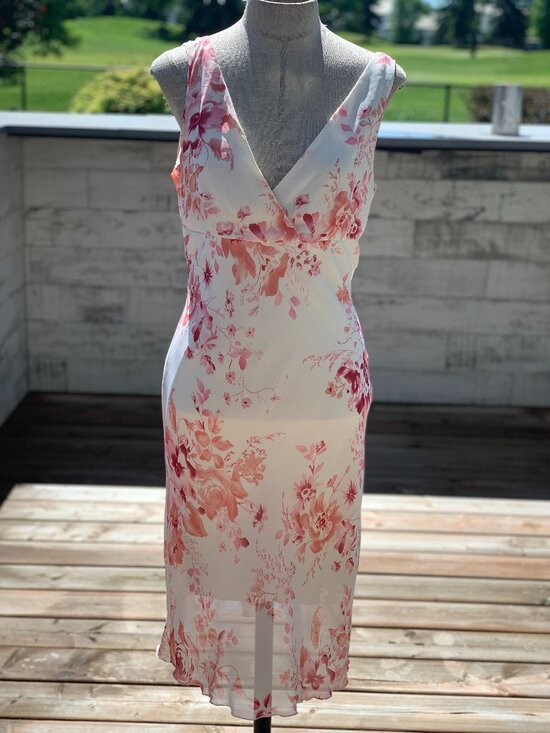 Vintage Dresses & Skirts - Vintage Slip Dress 11 Cream Pink Floral Sheer Chiffon Midi Sleeveless Romantic